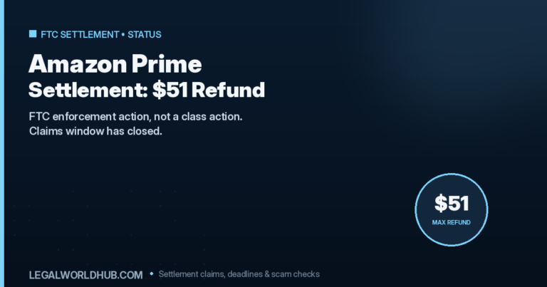Amazon Prime FTC settlement refund status showing the $51 maximum payout and closed claims window