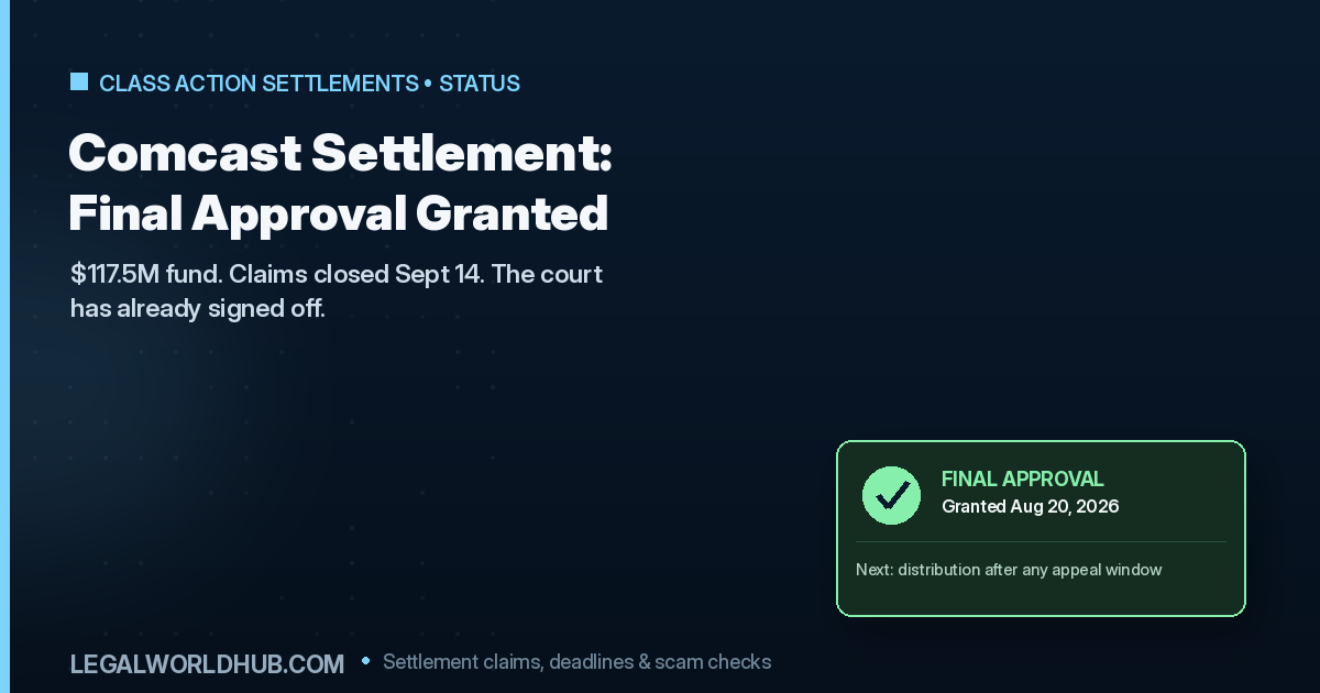 Comcast Xfinity settlement status showing final approval granted and claims closed