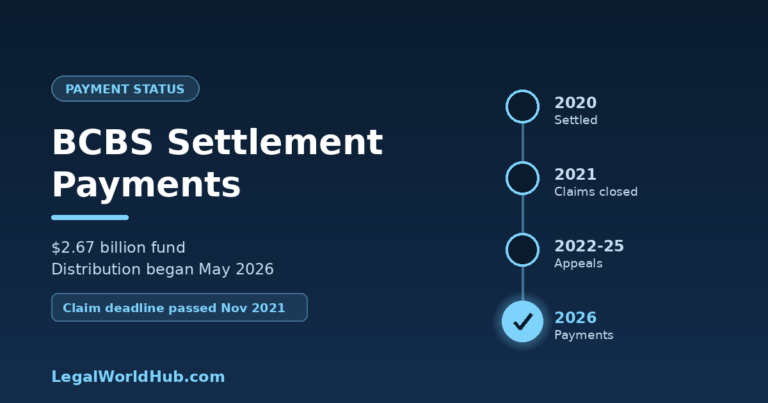 Blue Cross Blue Shield antitrust settlement payment timeline showing distribution beginning May 2026