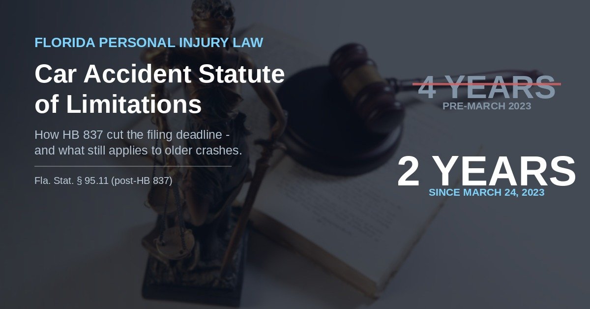 Calendar and gavel illustration showing Florida's 2-year car accident statute of limitations after HB 837