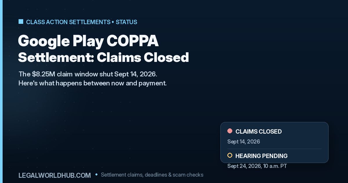 Google Play COPPA settlement status update showing claim deadline closed and final approval hearing pending