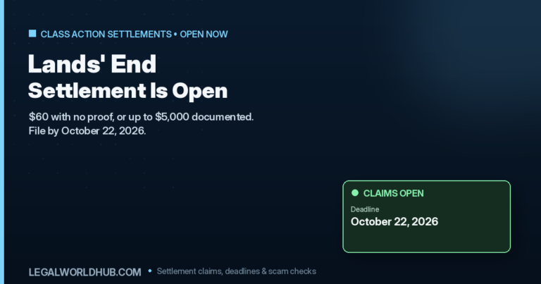 Lands' End data breach settlement claim showing $60 payment option and October 22 2026 deadline