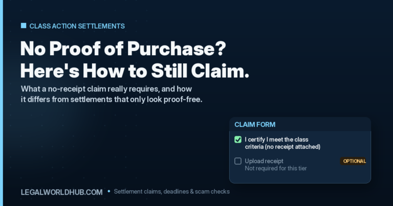 Class action settlement claim form with no receipt required, showing a certified checkbox instead of proof of purchase