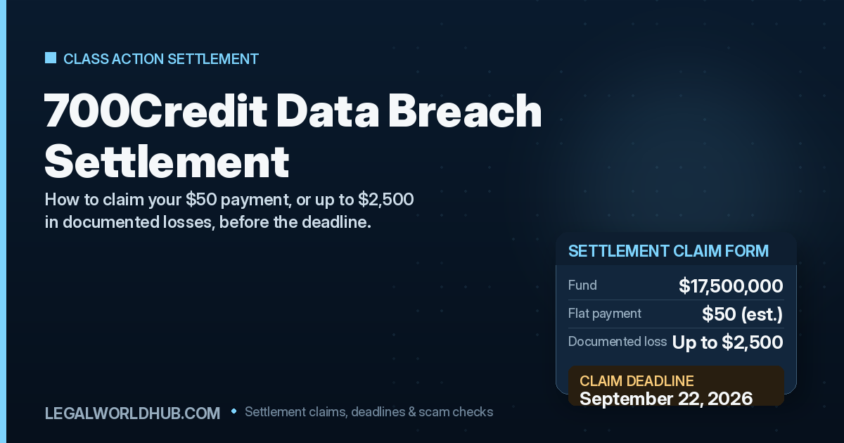 700Credit data breach settlement claim, $50 payment option and September 22 2026 deadline