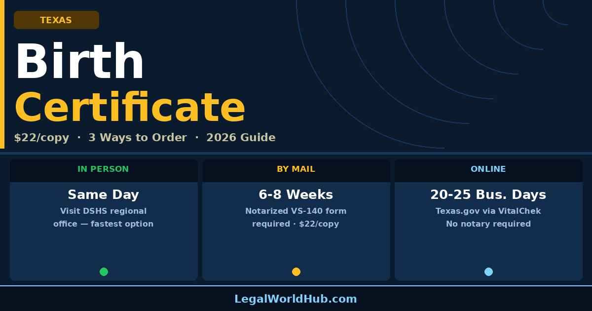 Order a Texas birth certificate for $22 by mail, in person (same day), or online via Texas.gov. Learn the notarization rule, who qualifies, processing times, and how to get a free copy if eligible. 2026 guide.