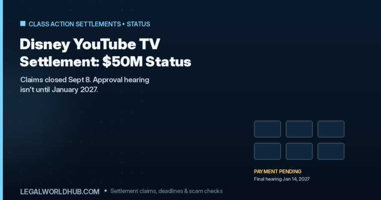 Disney YouTube TV and DirecTV Stream settlement status showing claims closed and pending final approval