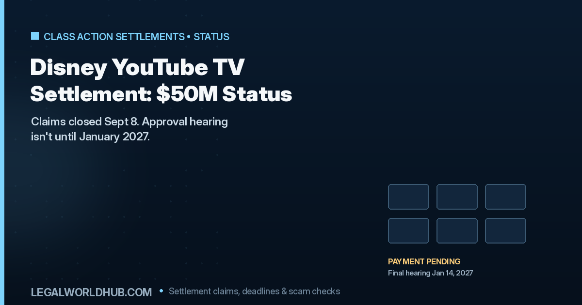 Disney YouTube TV and DirecTV Stream settlement status showing claims closed and pending final approval