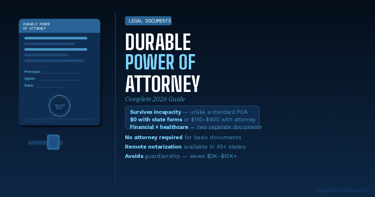 Durable power of attorney document with principal and agent names, notary seal, and signing date