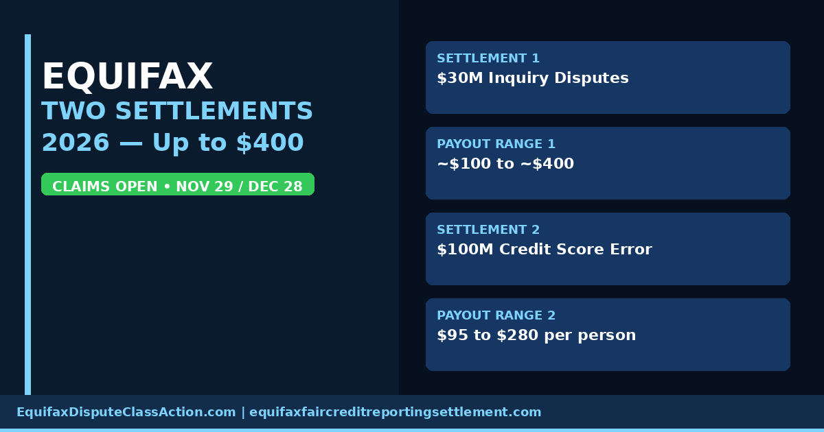 Two Equifax class action settlements are open in 2026. A $30M settlement covers credit inquiry disputes (deadline Nov 29); a $100M settlement covers 2022 credit score errors (deadline Dec 28). Payments range from $95 to $400.
