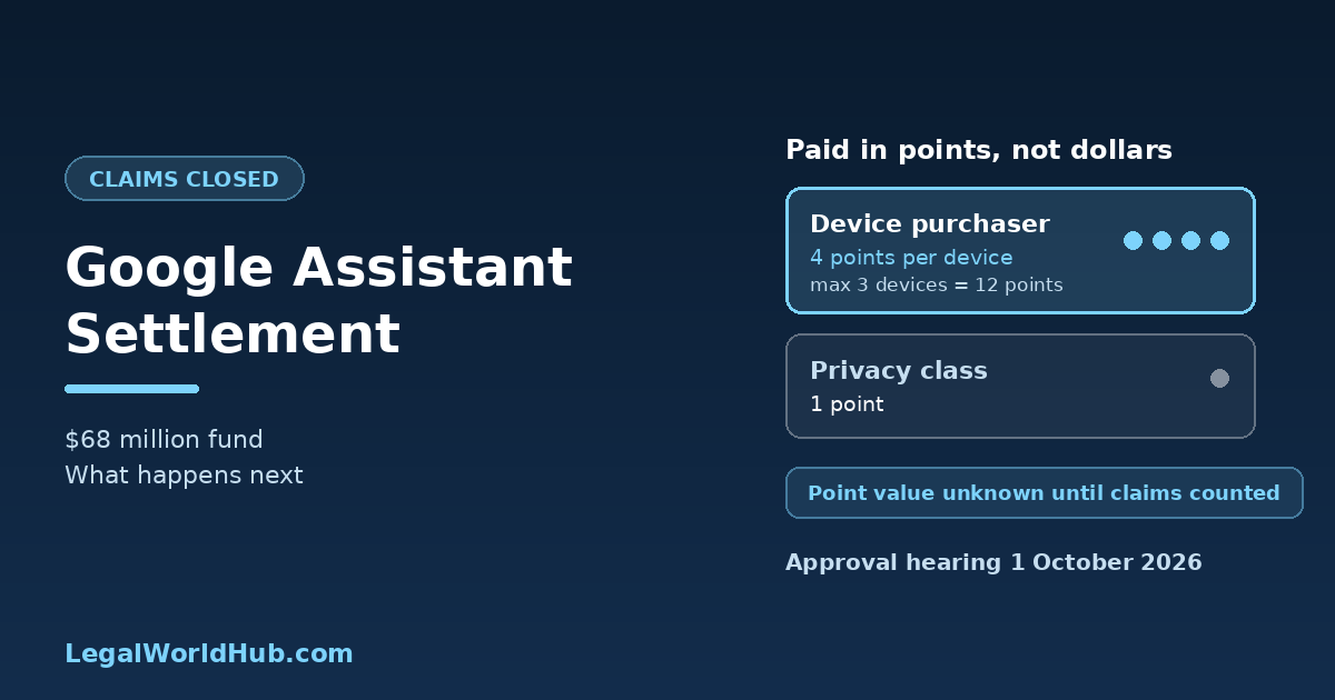 Google Assistant privacy settlement points system showing four points per device and one point for privacy claims