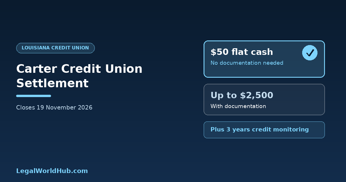Carter Credit Union data breach settlement showing $50 no proof option and 19 November 2026 claim deadline