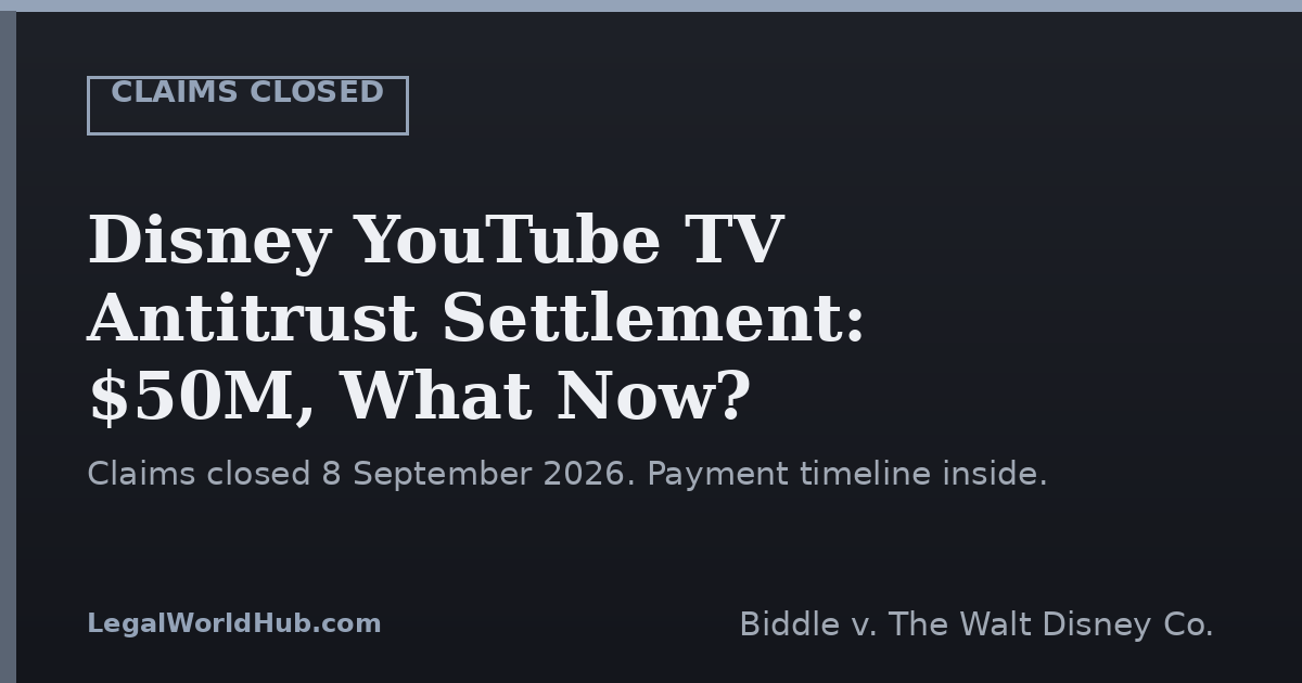 Disney YouTube TV antitrust settlement status showing the $50 million fund, closed claim deadline and payment timeline