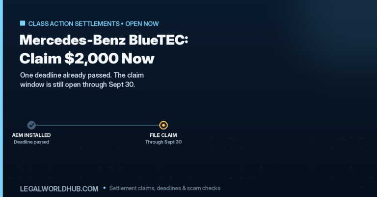 Mercedes-Benz BlueTEC diesel settlement claim showing the $2,000 payment and September 30 2026 deadline