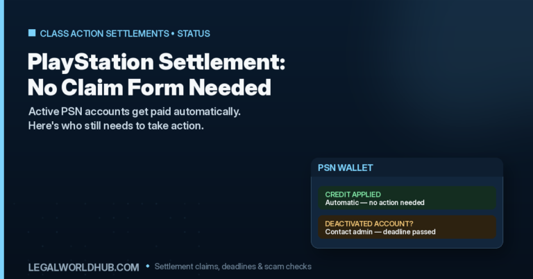 PlayStation settlement status showing automatic PSN wallet credit, no claim form required