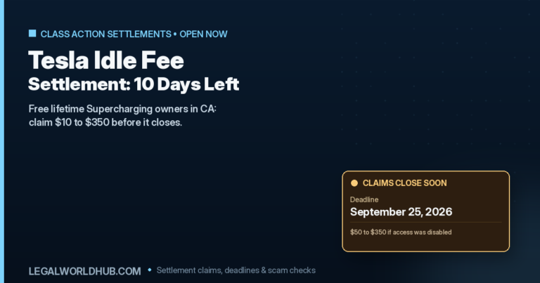 Tesla Supercharger idle fee settlement claim showing payment tiers and September 25 2026 deadline