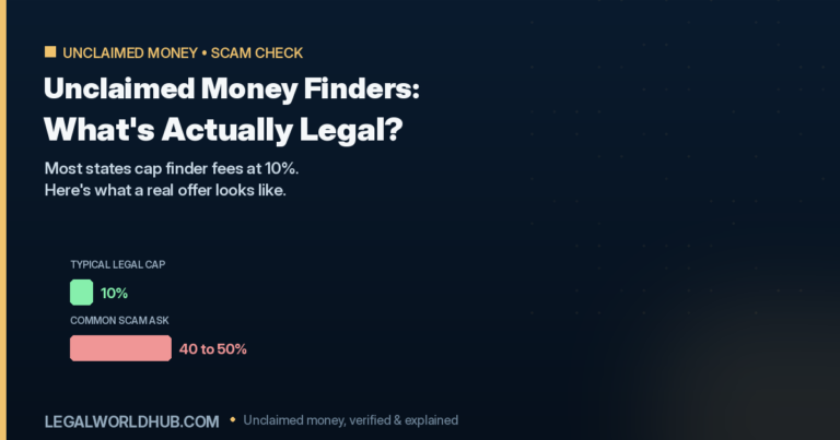 Unclaimed money finder fee legality showing typical 10 percent state caps and scam warning signs