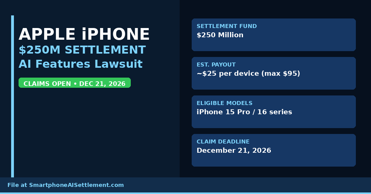 Apple agreed to pay $250 million to settle a class action over unadvertised AI features on iPhone 15 Pro and iPhone 16 models. Eligible buyers can claim about $25 per device. Deadline: December 21, 2026.
