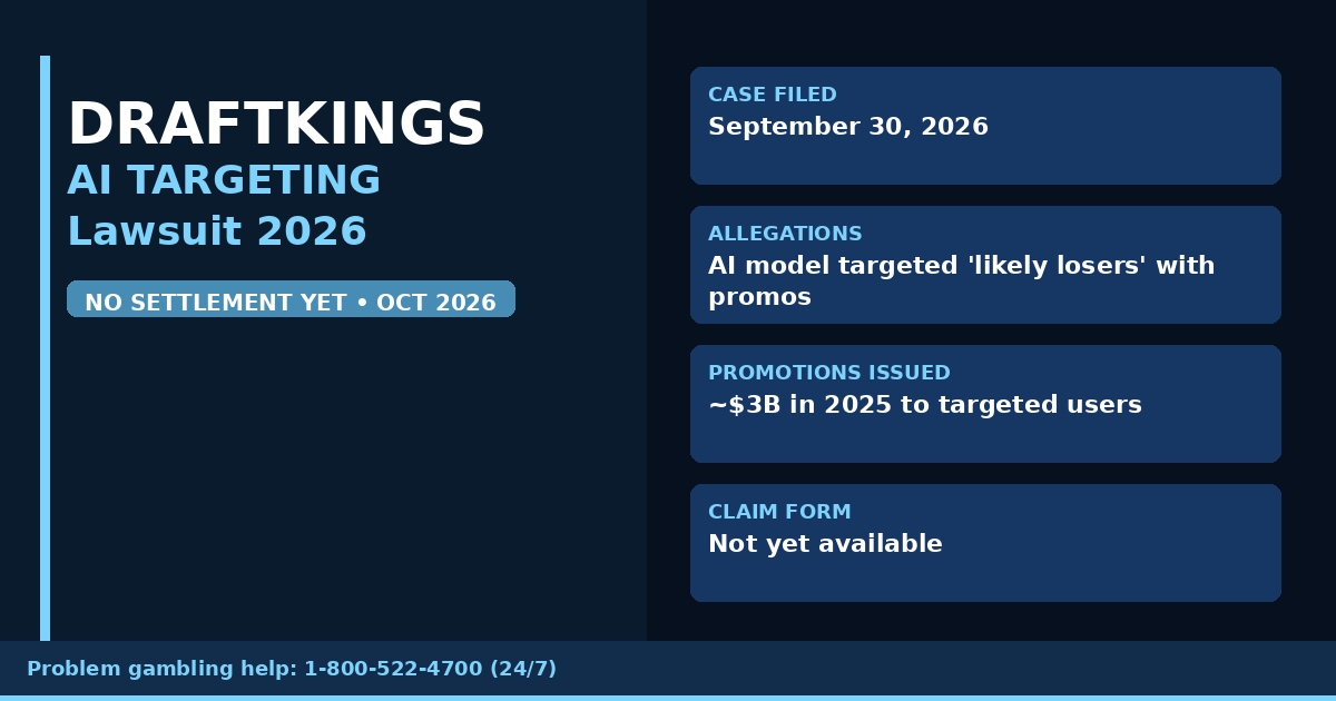 A class action filed September 2026 alleges DraftKings used an AI model to identify and target users most likely to lose money, labeling them "elastic" and flooding them with promotions. No settlement yet.