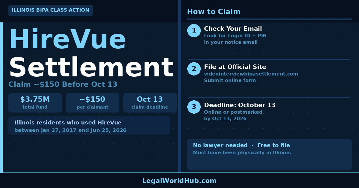 HireVue BIPA settlement claim deadline October 13 2026 showing $3.75 million fund and estimated $150 per claimant