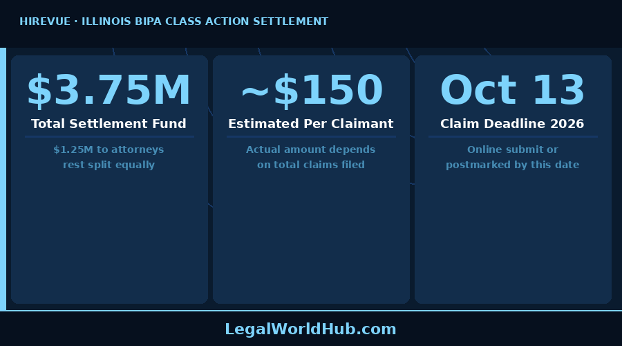 HireVue BIPA settlement key figures: $3.75M fund, ~$150 per claimant, October 13 deadline